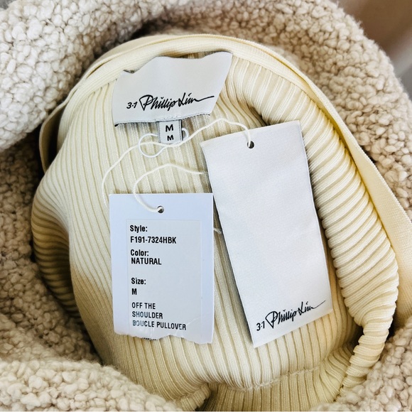 3.1 PHILLIP LIM Off The Shoulder Boucle Pullover Sweater MEDIUM Wool Fuzzy NWT - Picture 4 of 9